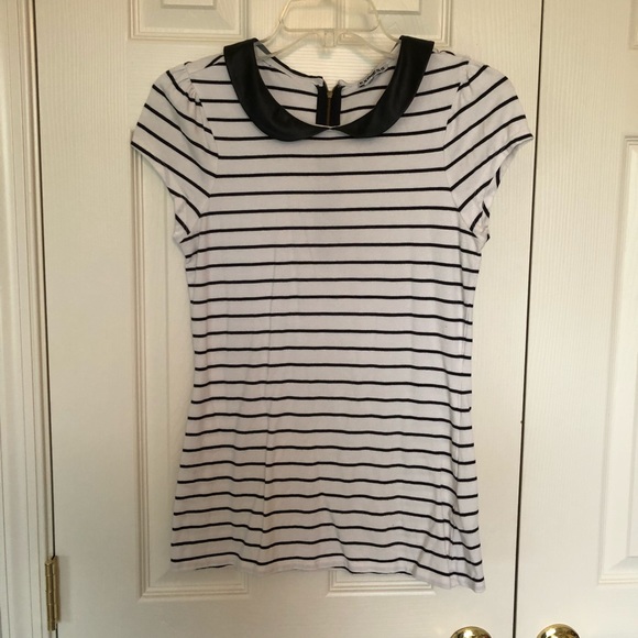 [ Express ] Leather Peter Pan Collar Striped Top - Picture 2 of 5